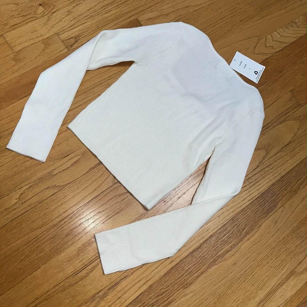 Willow & Wind Sweater S Ribbed‎ Long Sleeve Square Neck Bow Tie Top Cottagecore
